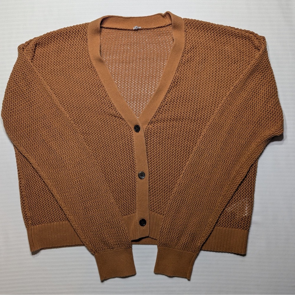 Uniqlo Brown Open Knit Cardigan Cropped Cotton Minimalist Scandi - Picture 2 of 8